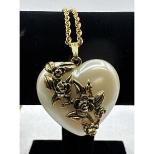 Vintage Avon Lustrous Heart with Floral Overlay Pendant on Gold-Tone 30" Chain